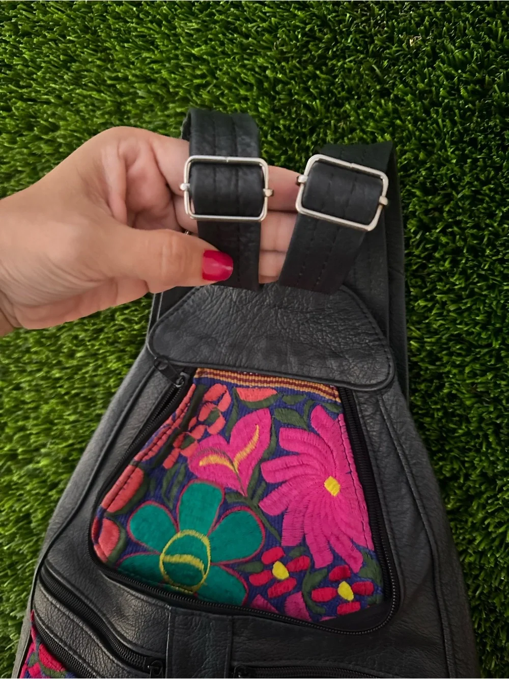 Embroidered Floral Black Leather Backpack - Vibrant Multicolor Panels